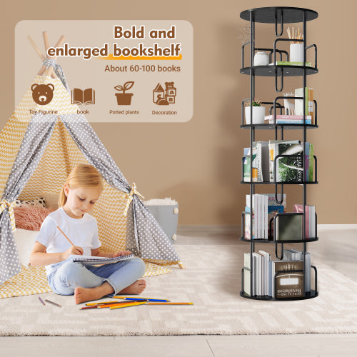 Black 5-Tier 360¡ã Rotating Bookshelf Tower Stable Metal Frame Vertical Round Home Bedroom Storage Rack
