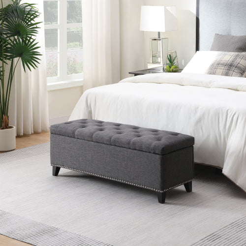 47.5inch  Storage Ottoman, Storage Bench with Safety Close Hinge, Linen Button-Tufted Ottoman for Living Room, Entryway, Hallway, Foot Rest, Support 500lbs - Dark Grey