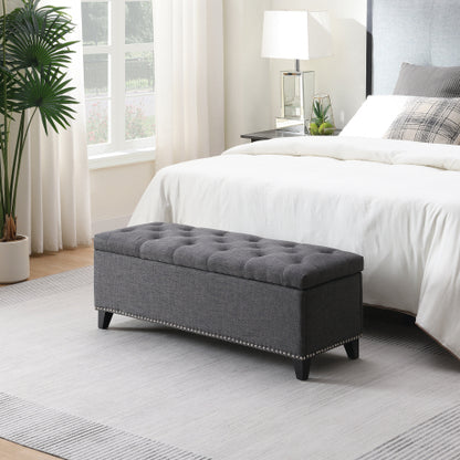 47.5inch  Storage Ottoman, Storage Bench with Safety Close Hinge, Linen Button-Tufted Ottoman for Living Room, Entryway, Hallway, Foot Rest, Support 500lbs - Dark Grey