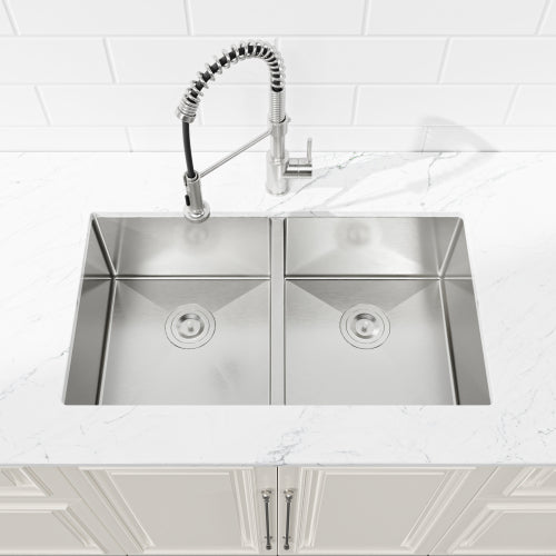 33"x19" Embedded Double Bowl Kitchen Sink, Undermount Handmade Sink in Brushed (Sink only)
