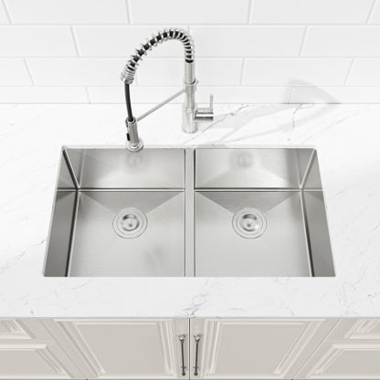 33"x19" Embedded Double Bowl Kitchen Sink, Undermount Handmade Sink in Brushed (Sink only)