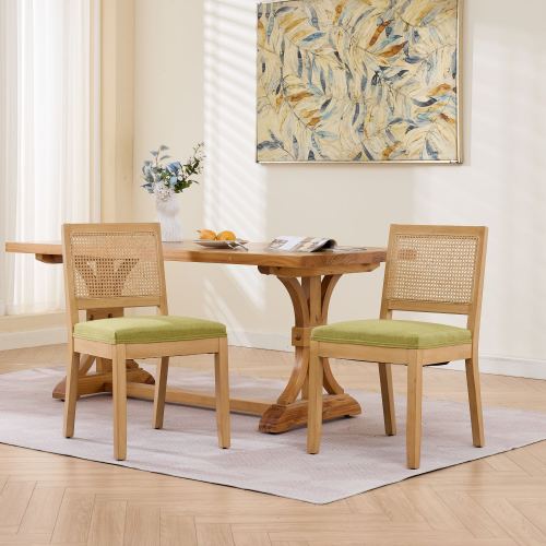 Rattan Dining Chairs Set of 2, Cane Back Side Chairs with Solid Hardwood Frame & Olive Green Seat