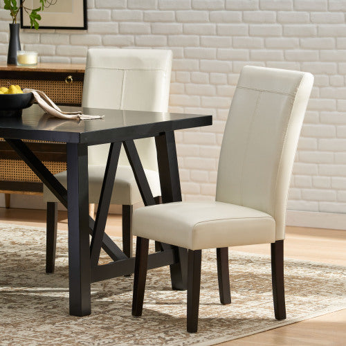 T-Stitch PU Leather Dining Chairs with Tapered Legs, Set of 2, Ivory