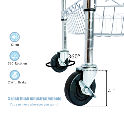 Heavy Duty Rolling Utility Cart,3 Tier Rolling Carts with Wheels,with Handle Bar  Shelf Liners,Storage Cart for Kitchen,Restaurant,Plant Display,Chrome