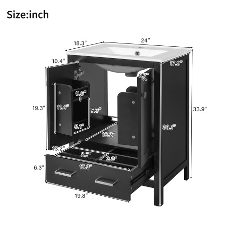 24-inch bathroom vanity with integrated undermount basin and a storage cabinet featuring 2 doors and 1 drawer. Includes double-layer door shelf, soft-close design, and versatile storage solutions