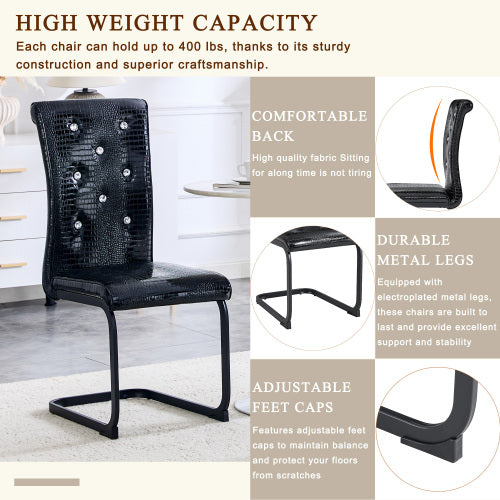 Set of 2 Retro Alligator Skin PVC Dining Chairs, Crystal Buckle Chairs with Black Powder Coated Metal Bow Legs