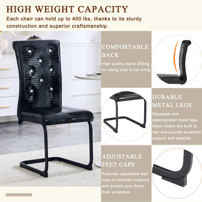 Set of 2 Retro Alligator Skin PVC Dining Chairs, Crystal Buckle Chairs with Black Powder Coated Metal Bow Legs