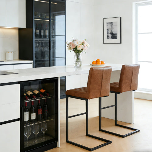 Back Brown Faux Leather Bar Stool ¨C Sturdy Black Metal Frame & Padded Seat, Stylish Seating for Kitchen Island, Home Bar & Dining Counter,2 Sets