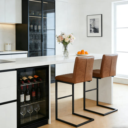 Back Brown Faux Leather Bar Stool ¨C Sturdy Black Metal Frame & Padded Seat, Stylish Seating for Kitchen Island, Home Bar & Dining Counter,2 Sets
