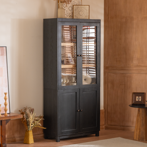 74.5''H Ash Wood Grain Mid-Century Glass Door Display Cabinet Adjustable Shelf Home Storage Cabinet