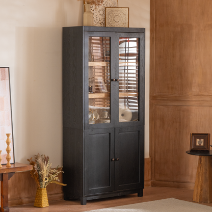 74.5''H Ash Wood Grain Mid-Century Glass Door Display Cabinet Adjustable Shelf Home Storage Cabinet