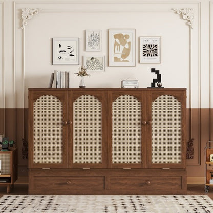 Queen Murphy Cabinet Bed with Charging Station Drawer and Rattan Panels Walnut