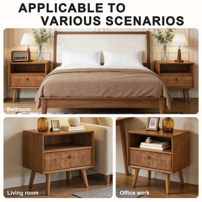 Mid-Century Modern Wood Nightstand with Carved Drawer