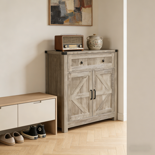 Light Gray-Washed Wood Farmhouse Barn-Door Storage Cabinet, Coffee Bar Buffet Sideboard with Drawer for Kitchen & Living Room