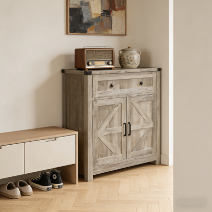 Light Gray-Washed Wood Farmhouse Barn-Door Storage Cabinet, Coffee Bar Buffet Sideboard with Drawer for Kitchen & Living Room