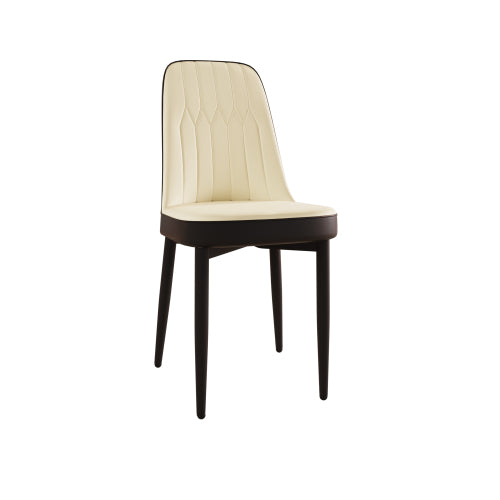 Set of 4 Beige & Black Modern PU Leather Dining Chairs, Curved Ergonomic Back, Black Metal Legs, 250lbs Capacity