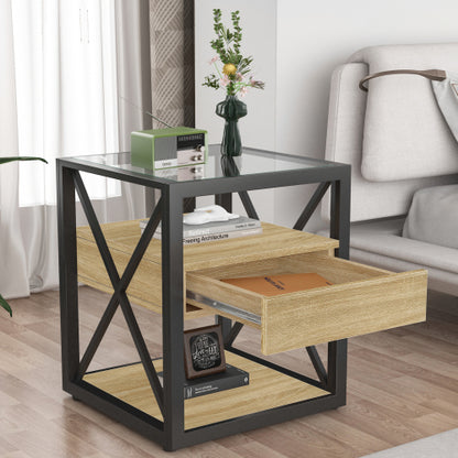 1 piece Modern End Table with Drawer - Nightstand for Bedroom & Living Room, Natural Wood MDF & Tempered Glass Top, Industrial Style Side Table
