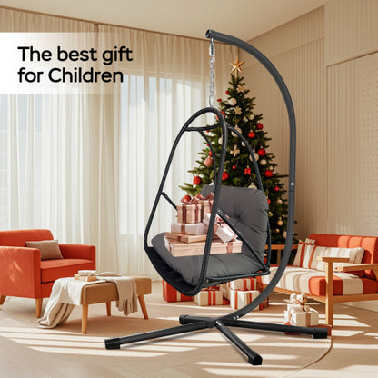 Swing Egg Chair with Stand Indoor Outdoor Wicker Rattan Patio Basket Hanging Chair with C Type bracket , with cushion and pillow,