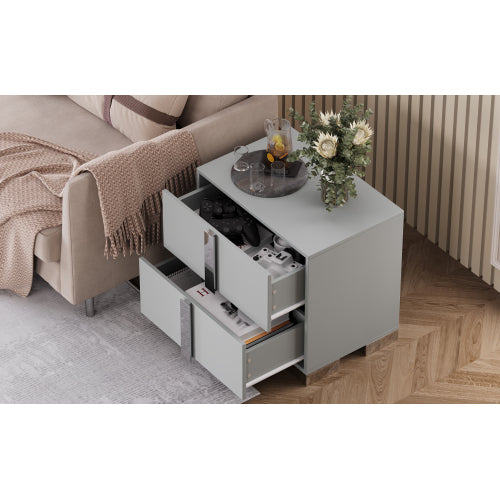 Modern End Table with Drawers, Elegant Nightstand with Metal Foot,Wood Bedside Table with Mirrored Metal Handles,Sofa Side End Table for Bedroom Living Room Office,Grey