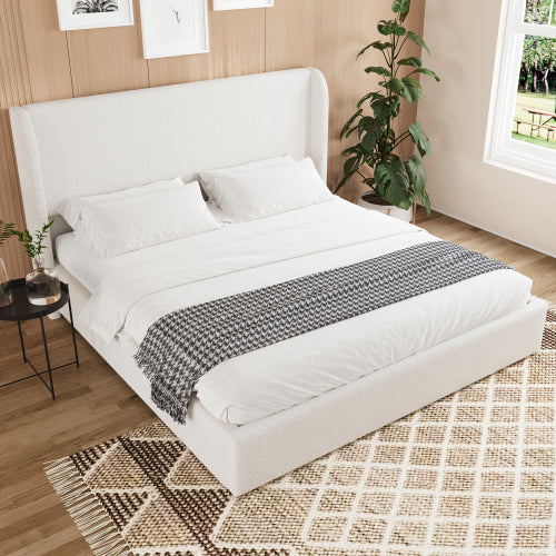Queen Size Boucle Bed Frame, Upholstered Cloud Bed Frame with Headboard, Solid Wood Legs and Slats, No Box Spring Needed, White