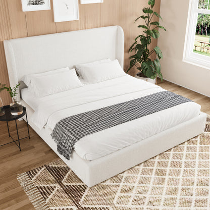 Queen Size Boucle Bed Frame, Upholstered Cloud Bed Frame with Headboard, Solid Wood Legs and Slats, No Box Spring Needed, White
