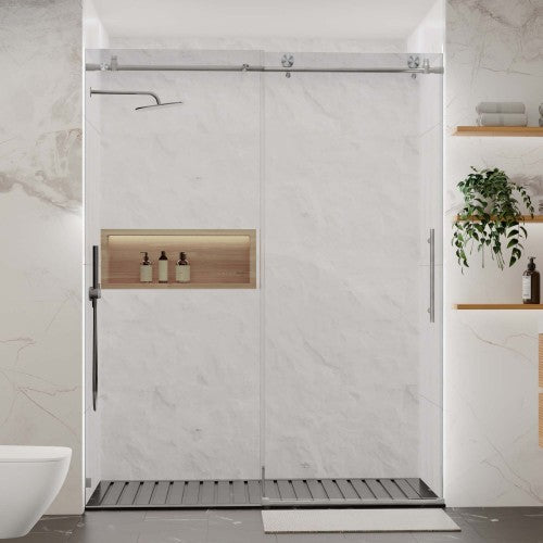 56-60"W x 76"H Frameless Shower Door, Sliding Shower Door, with Premium 5/16"(8mm) Thick Tempered Glass Shower Enclosure ,Chrome Brushed Nickel With Buffer
