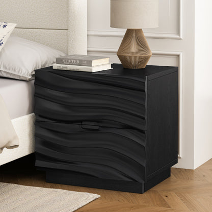 Black Solid Wood 2-Drawer Nightstand, Handle-Free Curved Front Bedside Table
