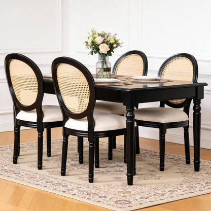 Set of 2 Beige Fabric French Country Rattan Round Back Dining Chairs, Black Solid Wood Frame Disassemblable Chairs