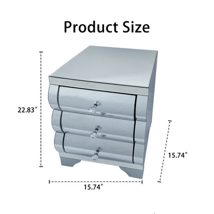 Silver Mirrored Nightstand with 3 Drawers, Curved Glass & MDF Bedside Chest for Small Spaces