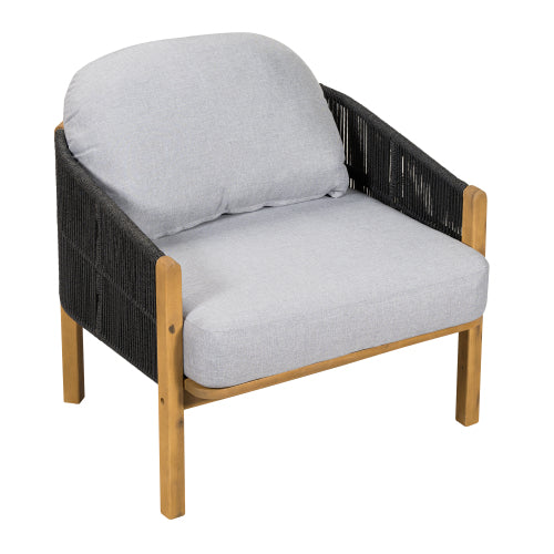 Grotta Outdoor Wood Club Chair, Dark Gray Rope with Gray Cushion