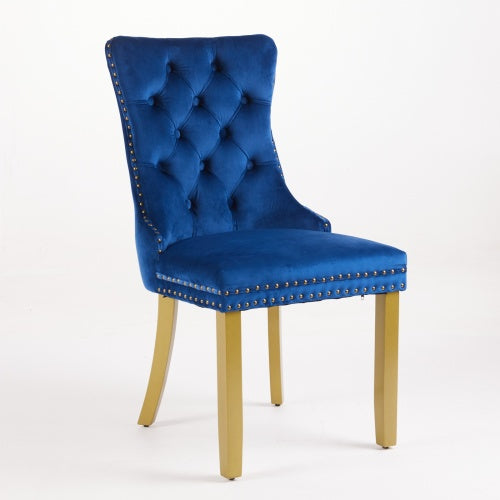 Mid-Century Modern Velvet Dining Chairs Set of 2 with Lion Head Pull Ring, Tufted Upholstered Chair, Blue