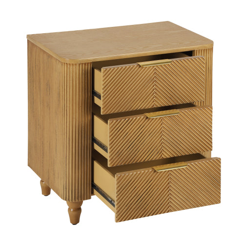 Mid-Century Fluted 3 Drawers Nightstand, Bedside Table with Curved Profile Design and Wide Gold Glossy Handles, End Table for Living Room, Bedroom, Easy Assembly, Natural