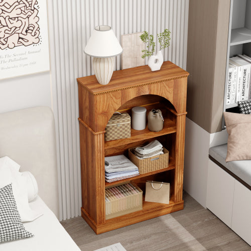 Light Walnut 3-Tier Arched Open Bookshelf Beaded Trim Eco-Friendly Wood Living Room Hallway Display Shelf
