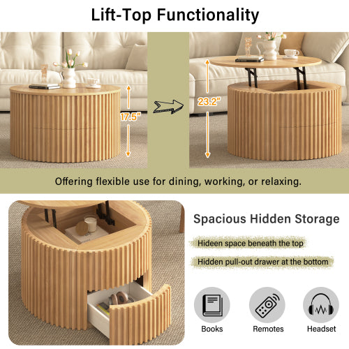 Round Lift Top Coffee Table Storage Fluted Wood MDF Solid Wood Living Room Table