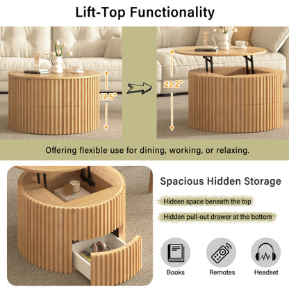 Round Lift Top Coffee Table Storage Fluted Wood MDF Solid Wood Living Room Table