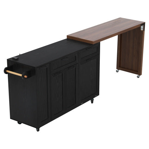 102 Inch Kitchen Island with Extendable Dining Table & Trash Storage Black