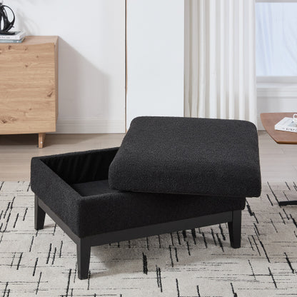 33.86 inch Black Boucle Square Storage Ottoman, Reversible Tray Lid Rubberwood Leg Footstool, 300 LBS