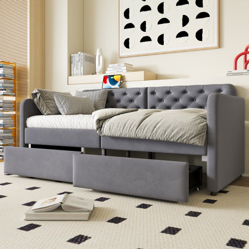 Twin Size Upholstered Daybed with 2 Storage Drawers and USB Charging Design, Velvet Upholstered Daybed Frame, Twin Sofa Bed for Living Room Bedroom, No Box Spring Needed,Plush Velvet Fabric