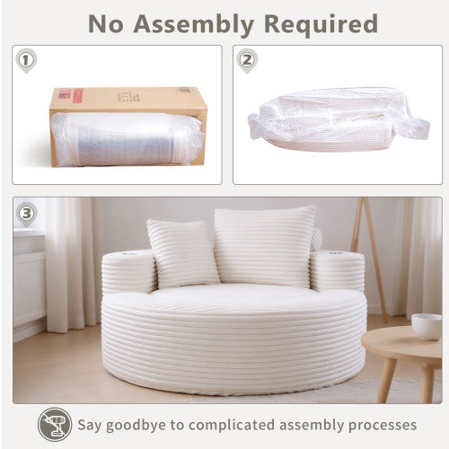 White Round Memory-Foam Sofa Bed with 3 Pillows & Cup Holder