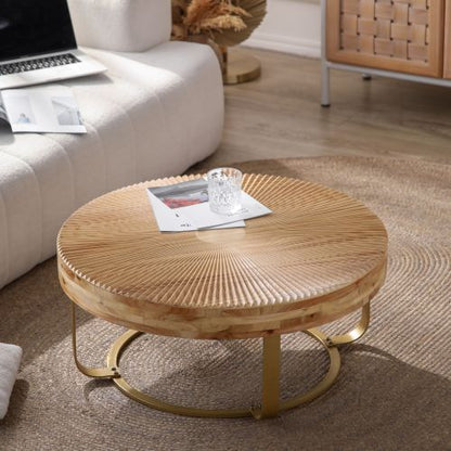 Round Wood Coffee Table Gold Metal Legs Carved Pine Accent Living Room Table