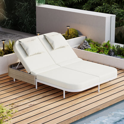 TREXM Outdoor Daybed, Patio Rattan Daybed with 5-Position Adjustable Backrest and Removable Cushions&Pillows, Iron Frame Outdoor Bed Loveseat for Garden, Backyard, Poolside (White Frame+Beige Cushion)
