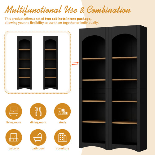 Farmhouse 5-Tier Bookcase Set of 2 with Adjustable Shelves, Black