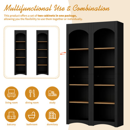 Farmhouse 5-Tier Bookcase Set of 2 with Adjustable Shelves, Black