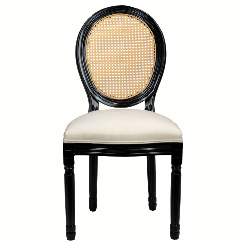 Set of 2 Beige Fabric French Country Rattan Round Back Dining Chairs, Black Solid Wood Frame Disassemblable Chairs