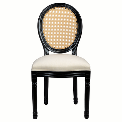 Set of 2 Beige Fabric French Country Rattan Round Back Dining Chairs, Black Solid Wood Frame Disassemblable Chairs