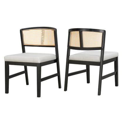 Set of 2 Rattan Dining Chairs with Upholstered Seat, Curved Rattan Back and Rubber Wood Frame, Black