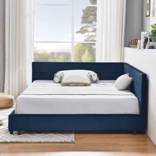 Full Size Upholstered Tufted  Bed Frame, Sofa Bed Frame with Comfortable Backrest and Armrests, Full Size Bed for Bedroom, Living Room,Velvet, Dark blue(80.5inch *59inch *30.5inch )