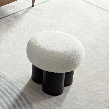 White Teddy Mushroom Ottoman Foot Stool, Imitation Wood Leg Cute Round Accent Seat for Entryway Bedroom