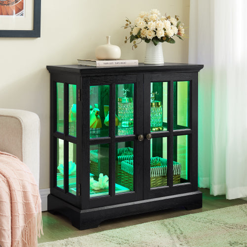 Black Retro 7-Color Bluetooth LED Lattice Glass Adjustable Display Cabinet