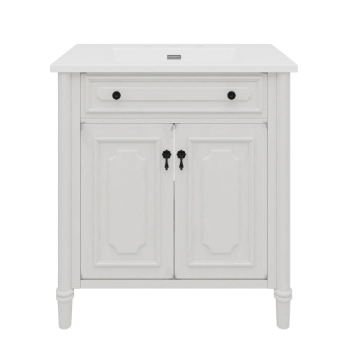 31" Vintage Bathroom Vanity with Sink, Faux Aged Finish, Rustic Bathroom Cabinet with Soft Close Doors and Adjustable Shelf, Curved Profile Design, Rubber Wood Legs, White